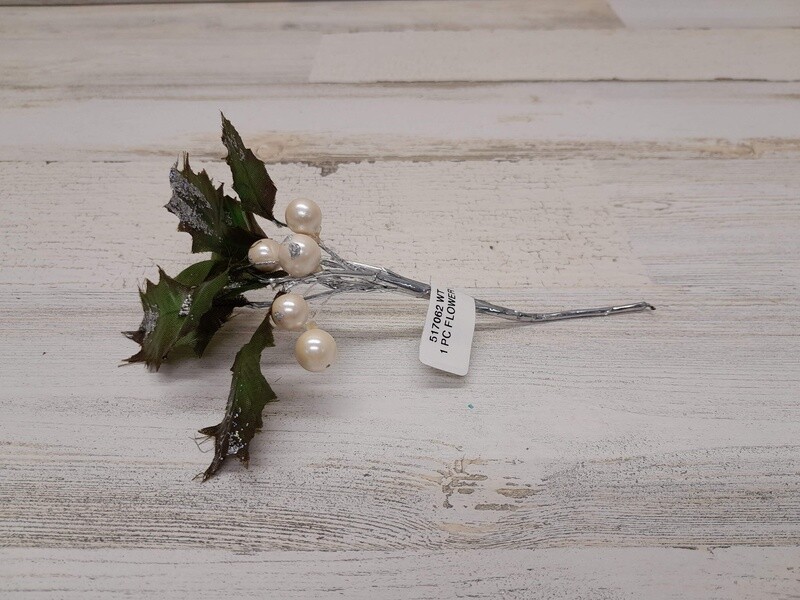 6&quot; Glitter Holly Leaf Pick Silver/Ivory