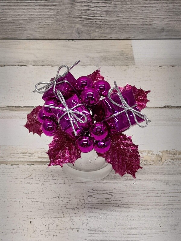 7&quot; Glitter Holly Pick w/Box &amp; Berries Hot Pink