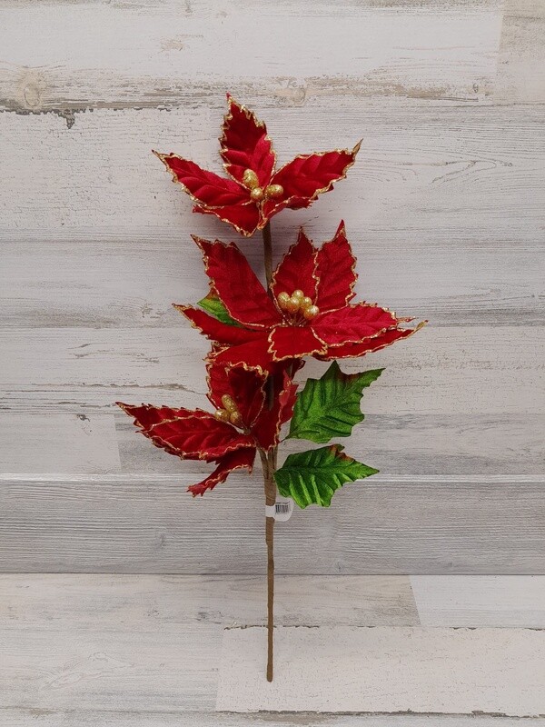 22&quot; Velvet/Glitter Poinsettia Spray x3 Red/Gold