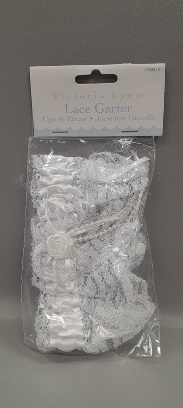 1pc Lace Garter w/Bow &amp; Pearls White
