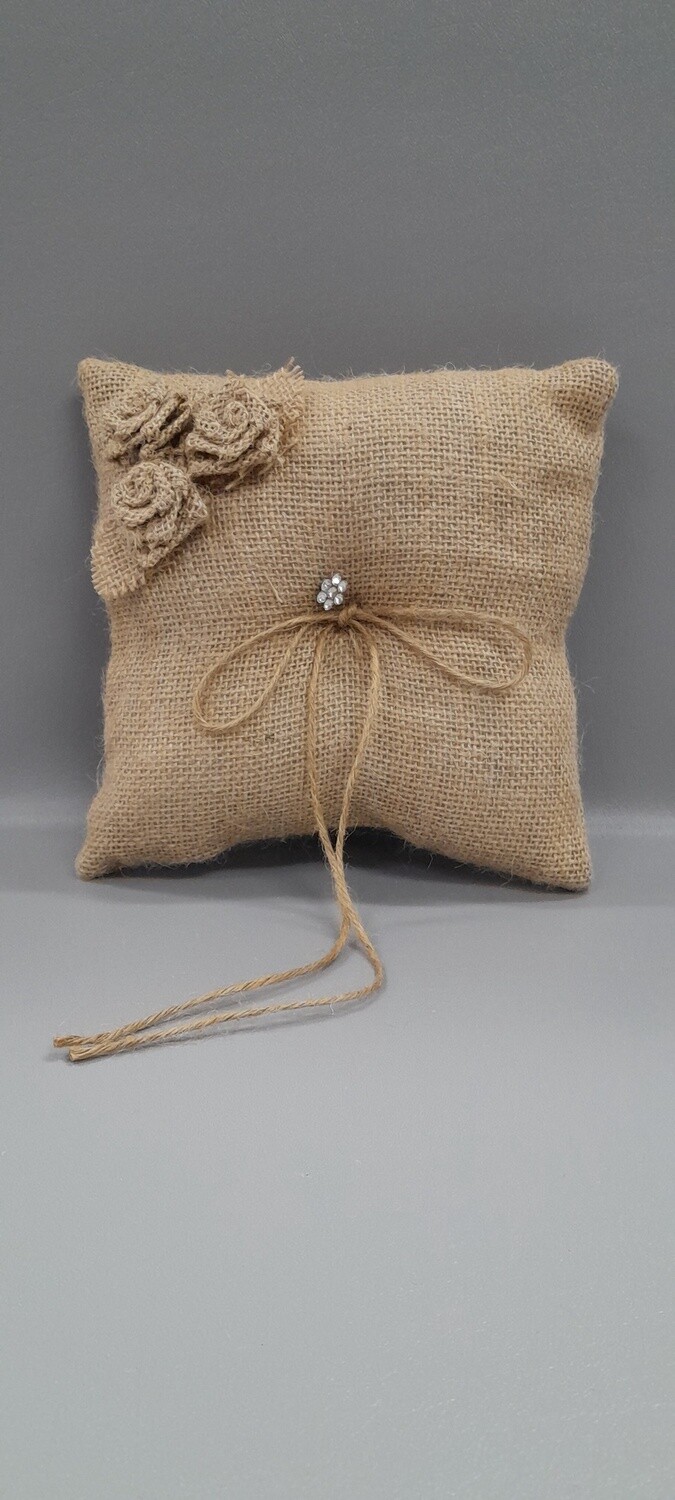 7&quot; Burlap Ring Pillow w/Flowers/Rhinestones Natural