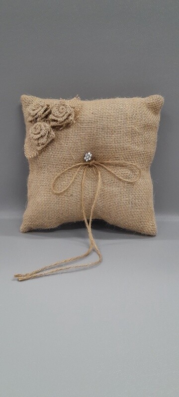 7&quot; Burlap Ring Pillow w/Flowers/Rhinestones Natural