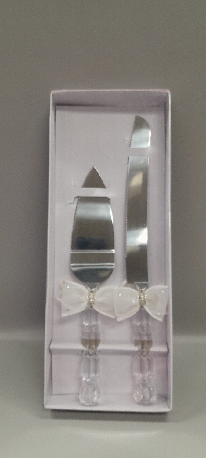 Cake Knife &amp; Server Set Bow/Pearls  Crystal/Ivory