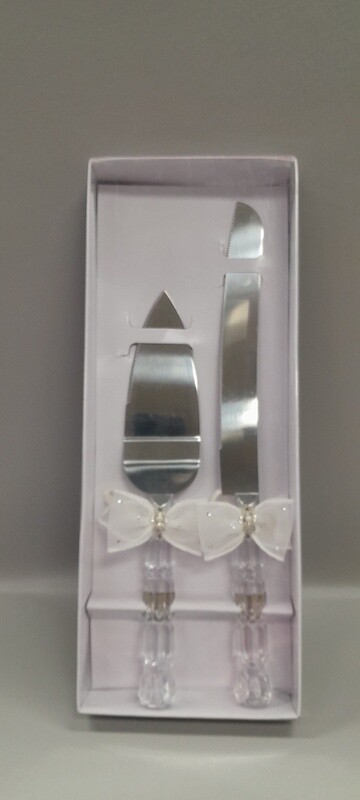 Cake Knife &amp; Server Set Bow/Pearls  Crystal/Ivory