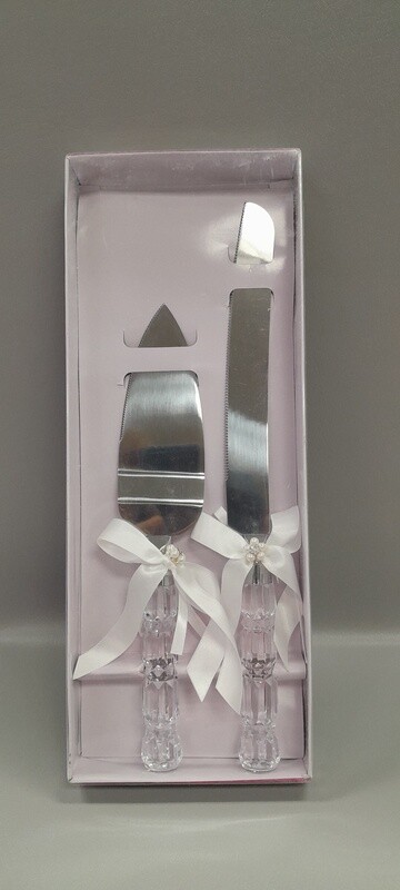Cake Knife &amp; Server Set Bow/Pearls Crystal/White