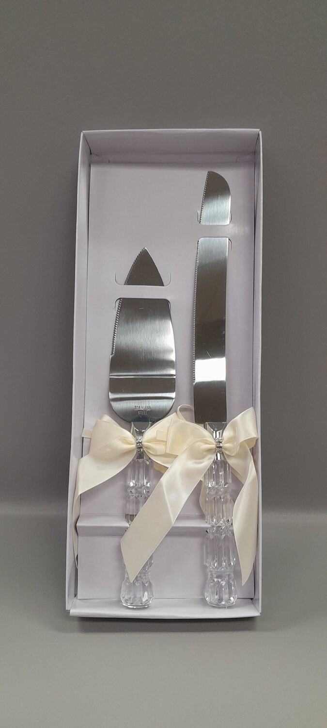 Cake Knife &amp; Server Set Bow/Rhinestones Crystal/Ivory