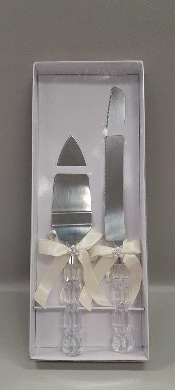 Cake Knife &amp; Server Set Bow/Pearls Crystal/Ivory