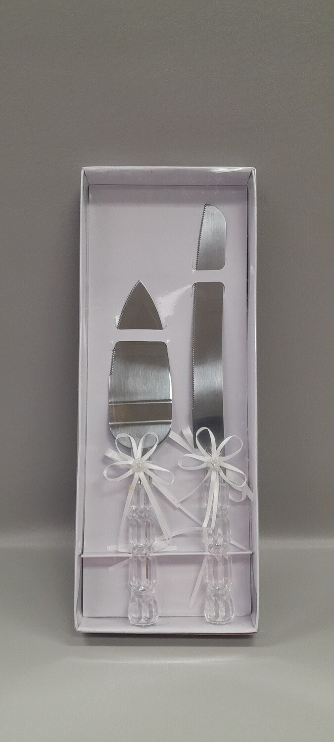 Cake Knife &amp; Server Set Pearls/Bow Crystal/White