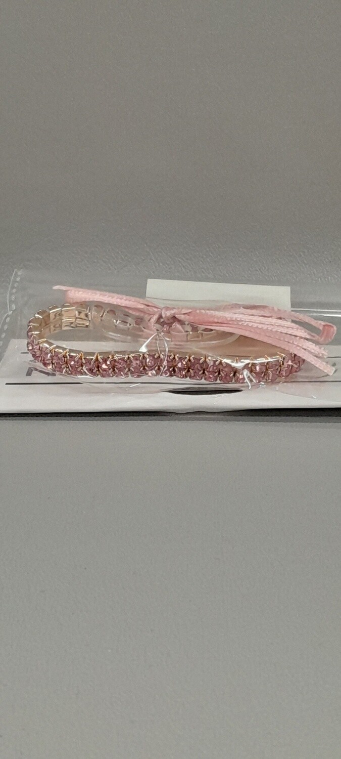 2 Row Rhinestone Wristlet w/Plastic Pad/Ribbon Rose Gold