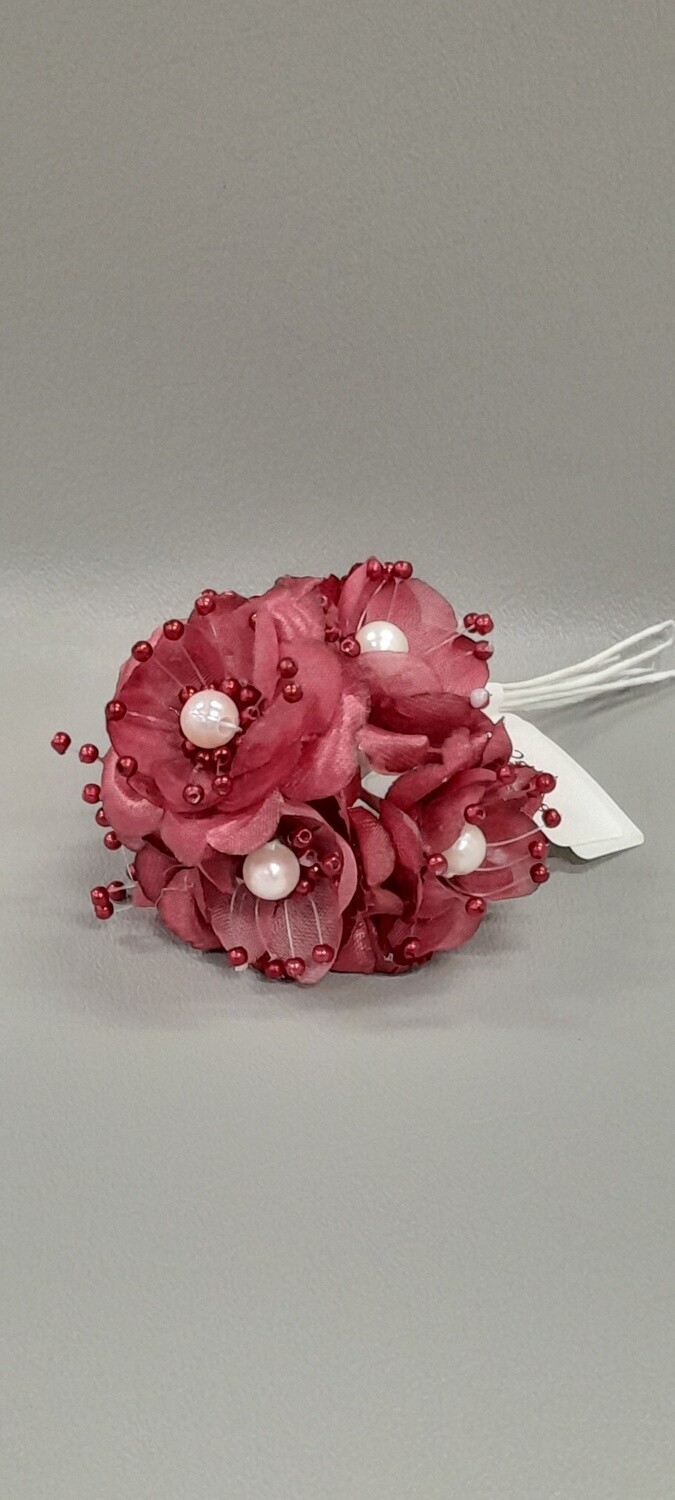 4&quot; Satin Pearl Flower Pick x6 w/1.5&quot; Head Burgundy