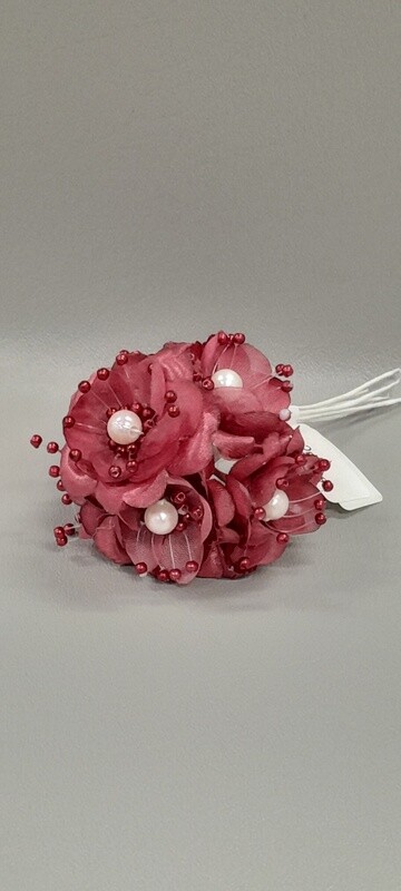 4&quot; Satin Pearl Flower Pick x6 w/1.5&quot; Head Burgundy