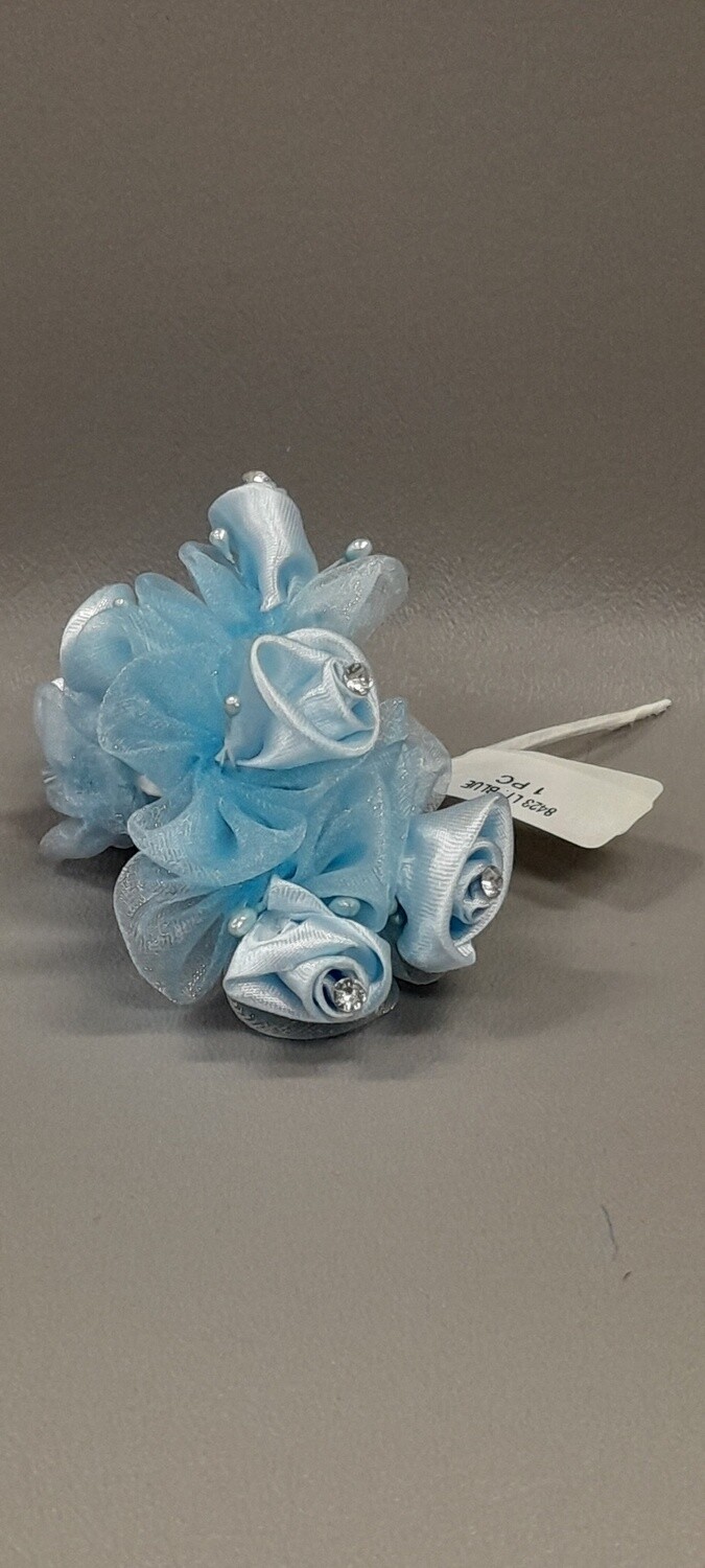 4" Rhinestone Ribbon Flower Pick x6 w/1" Head Light Blue