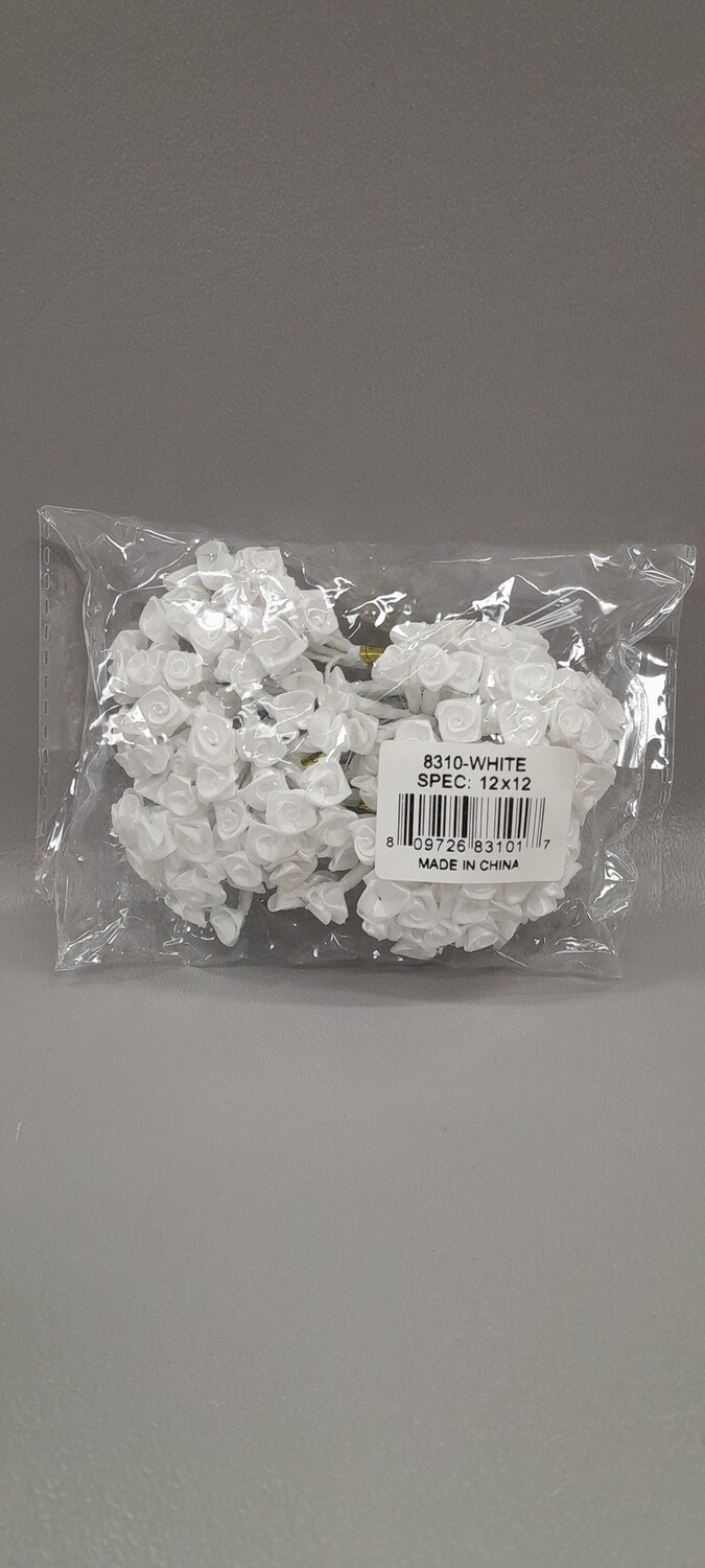 12pc Small Satin Ribbon Rose White