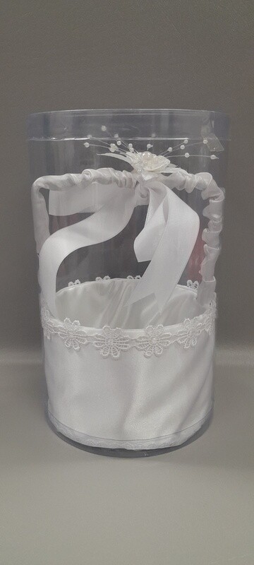 8.5&quot; Flower Girl Basket w/Lace Flowers/Pearls White
