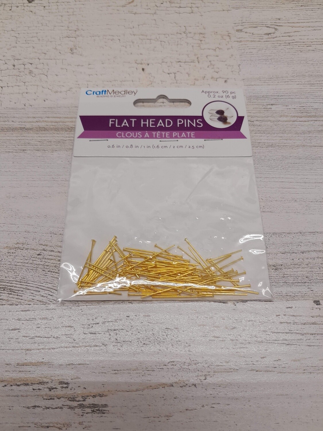 90pc Flat Head Pins Gold .6&quot;, .8&quot;, 1&quot;
