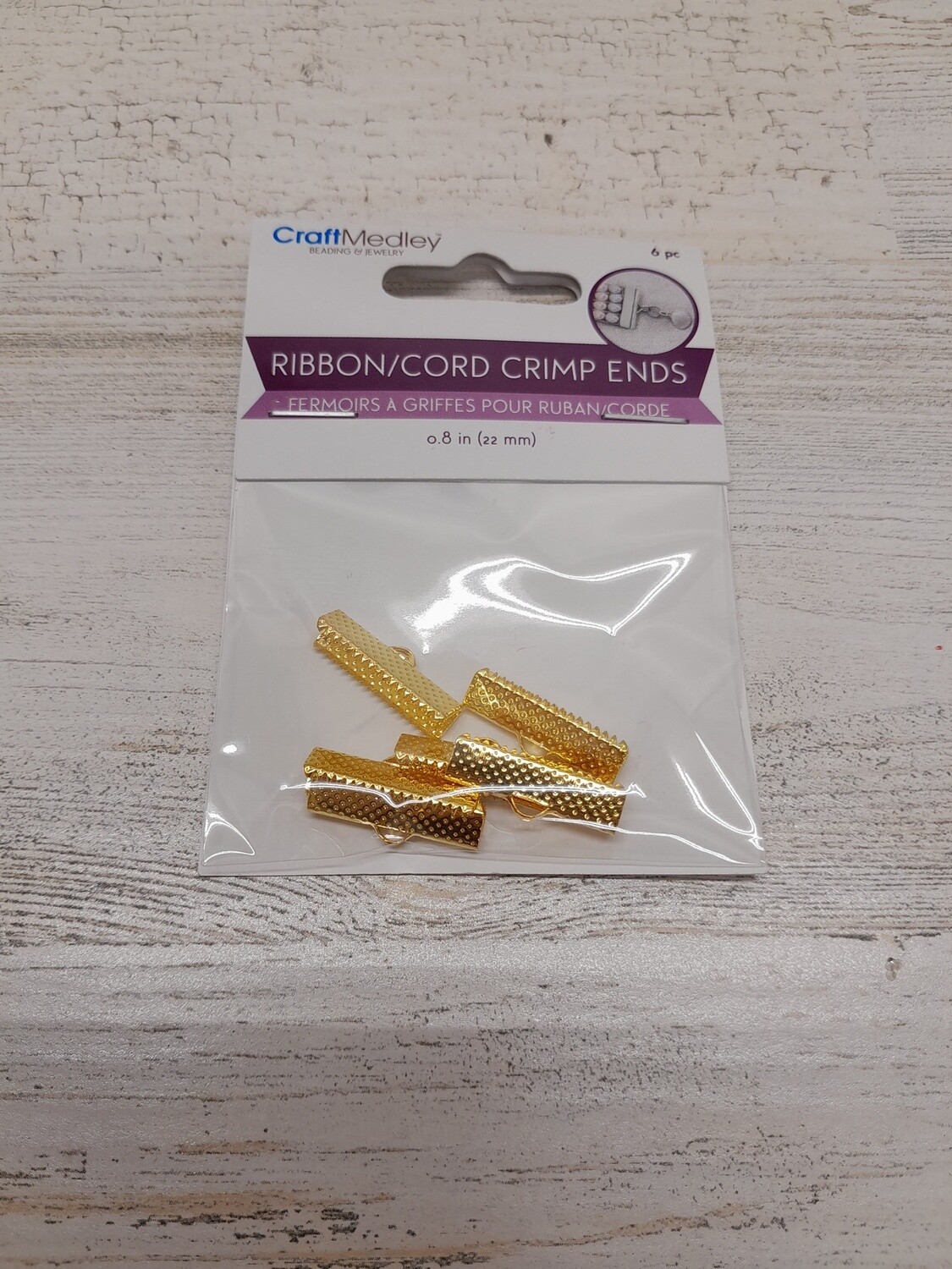 6pc 22mm Ribbon/Cord Crimp Ends Gold