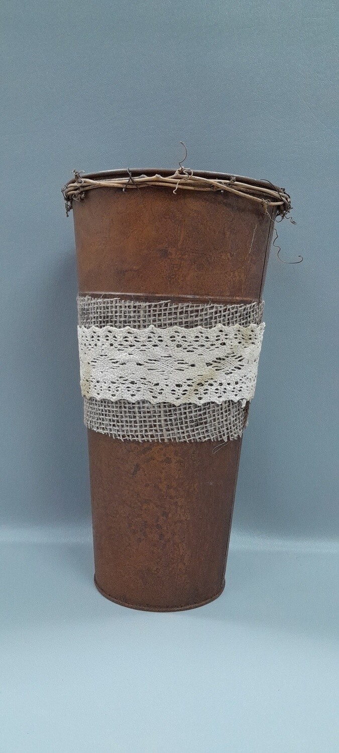 12&quot; Tin Vase w/Lace Brown