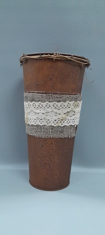 12&quot; Tin Vase w/Lace Brown