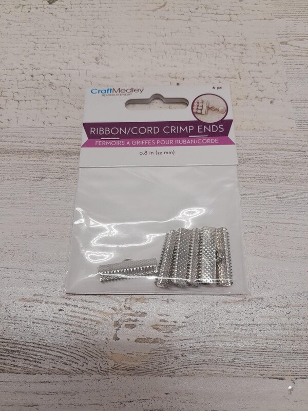 6pc 22mm Ribbon/Cord Crimp Ends Silver