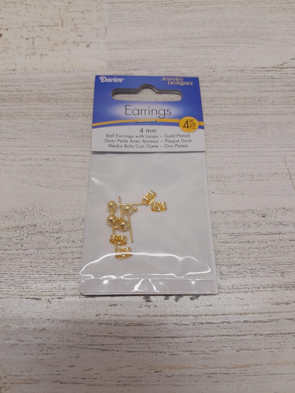 4pc 4mm Ball Earrings w/Loops &amp; Butterfly Backings Gold