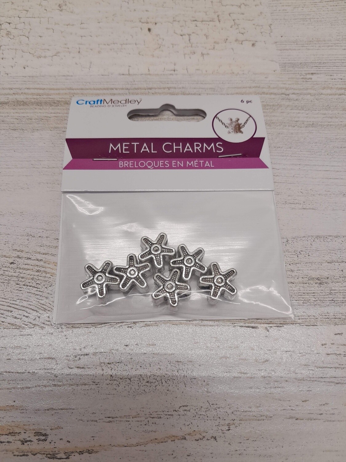 6pc Metal Starfish Charms Silver