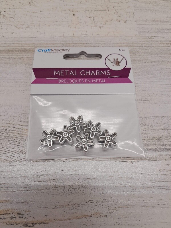 6pc Metal Starfish Charms Silver