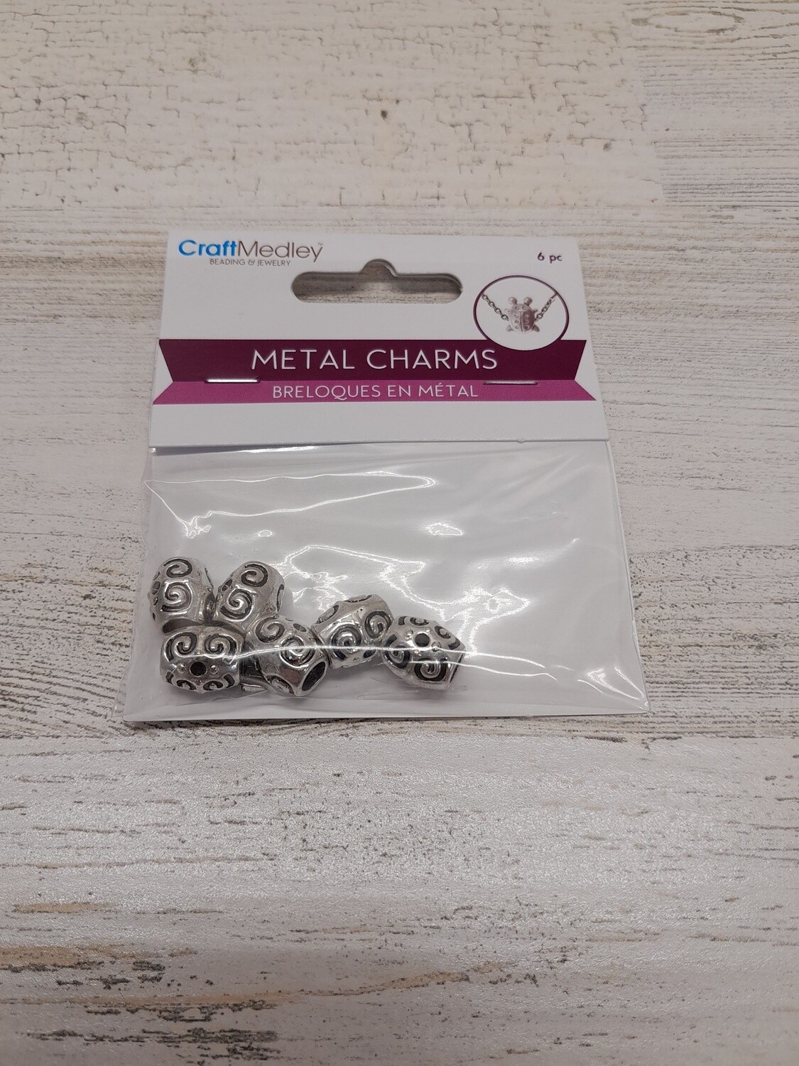 6pc Metal Swirl Barrel Charms Silver