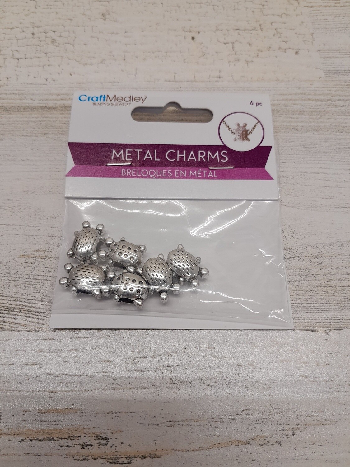 6pc Metal Lady Bug Charms Silver