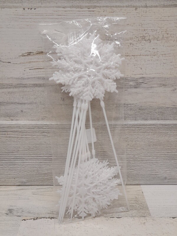 12pc 4&quot; Glitter Snowflake on 8&quot; Pick White