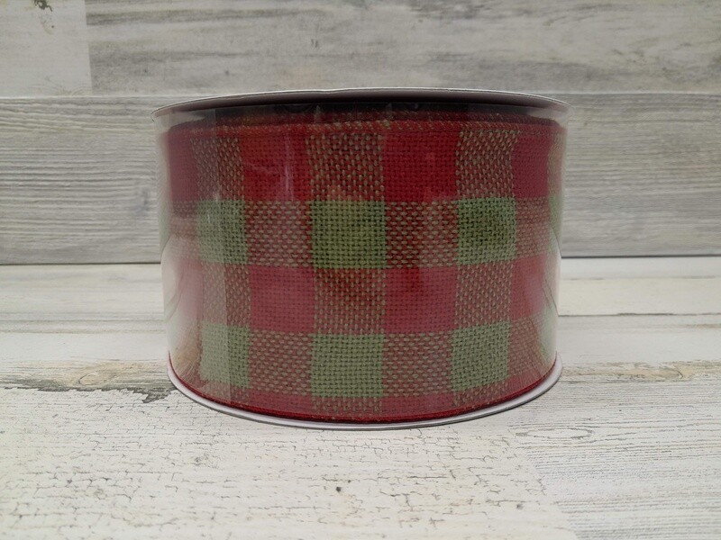4&quot;x25yd Faux Burlap Check Ribbon Red/Moss
