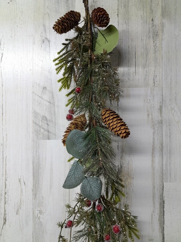 60&quot; Glitter Pine/Eucalyptus Garland w/Berries &amp; Pinecones
