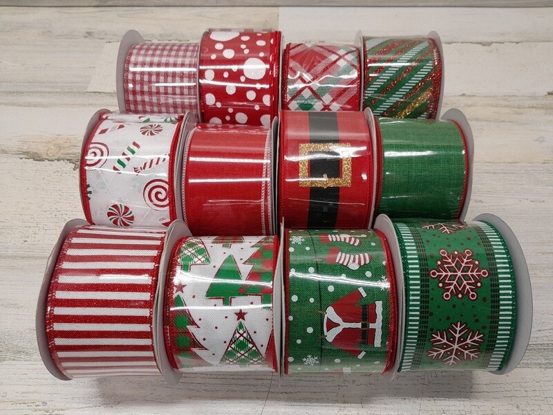 2.5&quot;x10yd Assorted Wired Ribbon Holly Jolly