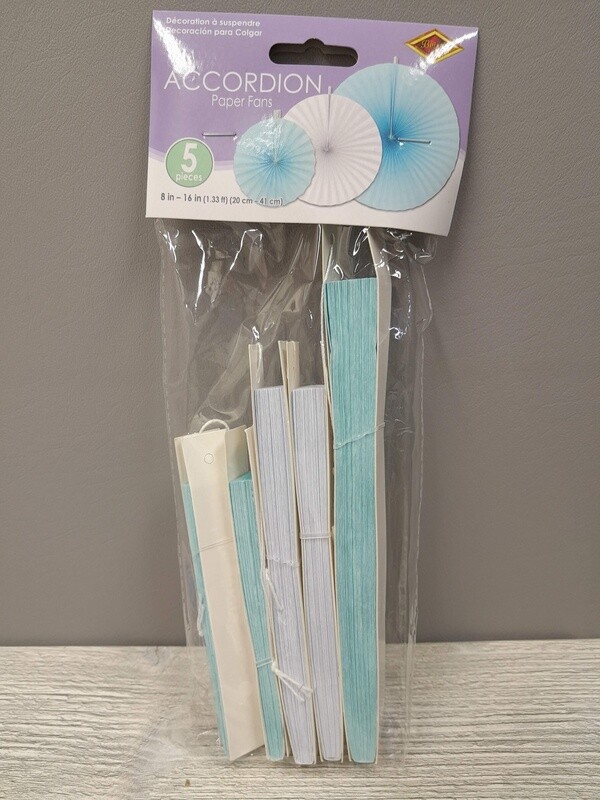 5pc 8&quot;-16&quot; Accordion Paper Fans Blue/White
