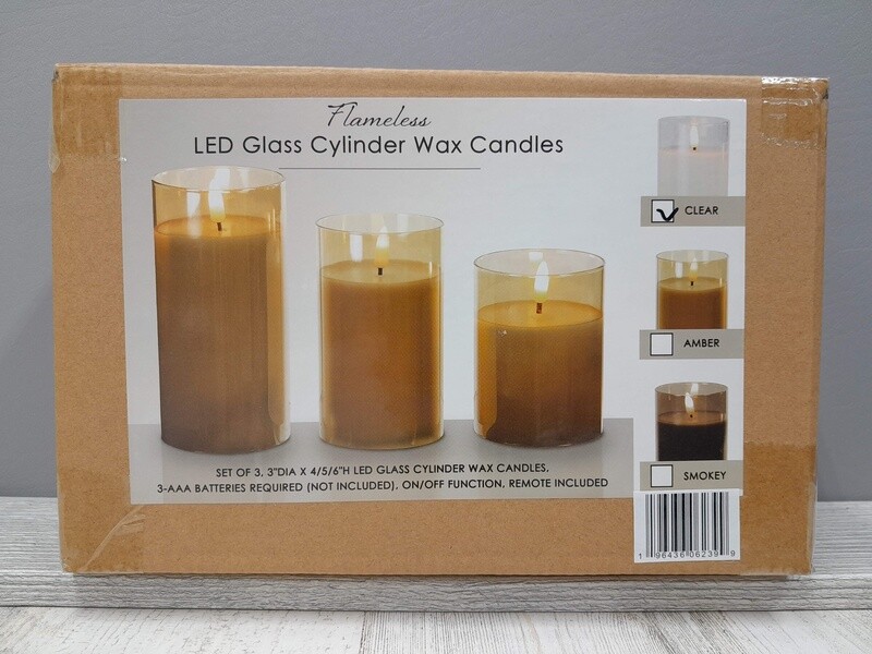 3pc Led Glass Cylinder Wax Candles 4&quot;,5&quot;,6&quot; Clear