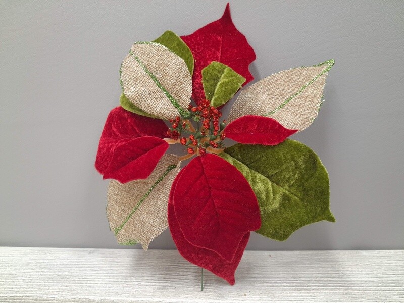 8&quot; Velvet/Burlap Glitter Poinsettia Pick Red/Green (10&quot; diameter)