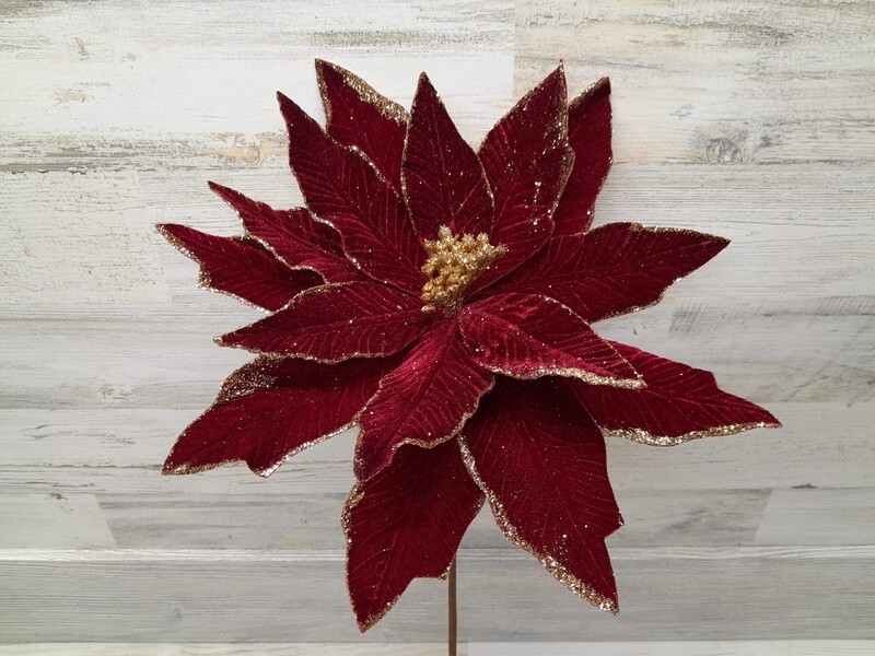 23&quot; Velvet/Glitter Poinsettia Burgundy/Gold