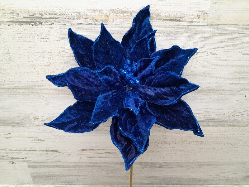 20&quot; Velvet/Glitter Poinsettia Pick Dark Blue