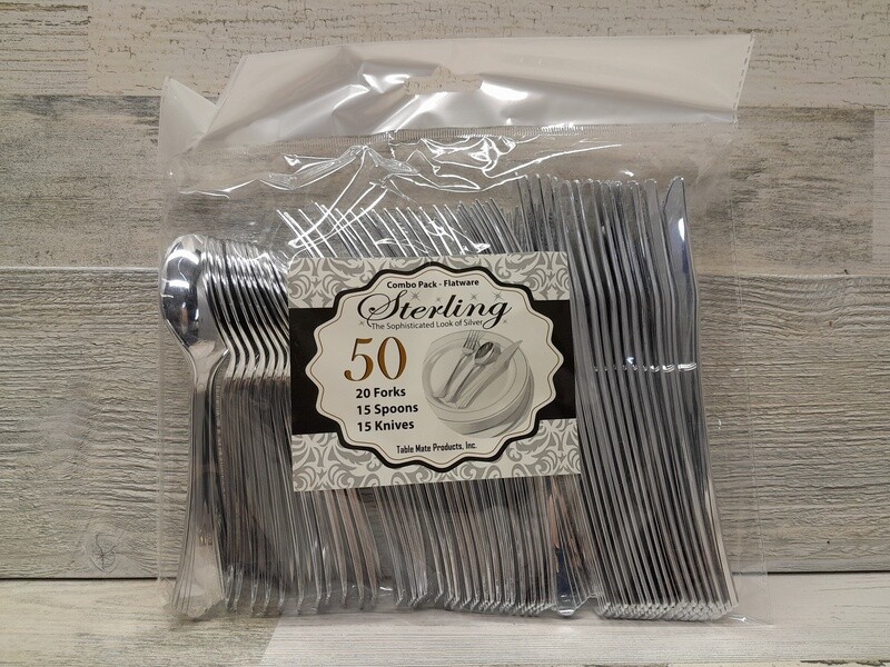 50pc Plastic Cutlery Silver (20 Forks, 15 Spoons, 15 Knives)