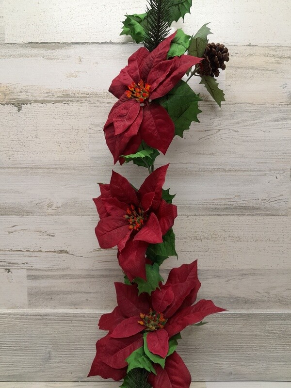6&#39; Poinsettia Garland w/Holly Leaves &amp; Pinecones Red