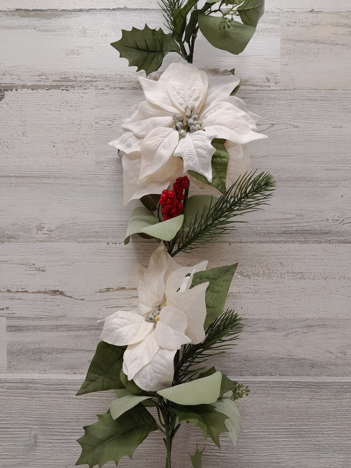 6&#39; Poinsettia Garland w/Berries &amp; Eucalyptus White
