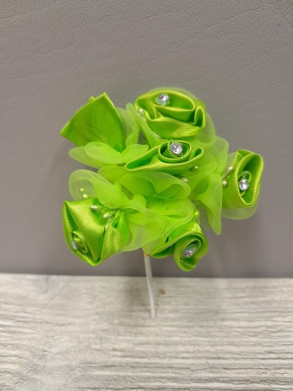 4&quot; Rhinestone Ribbon Flower Pick x6 w/1&quot; Head Apple Green