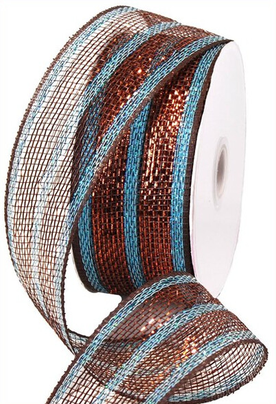 *2.5&quot;x25yd Metallic Stripe Mesh Black/Turquoise