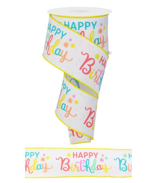 2.5&quot;x10yd Happy Birthday Ribbon White/Peach/Teal/Pink