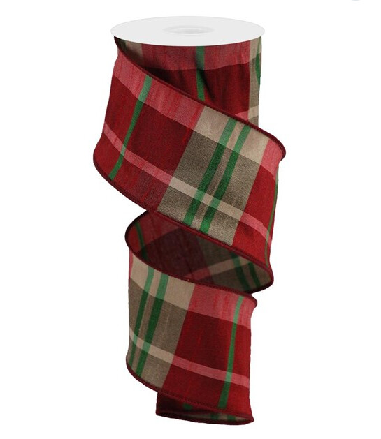 2.5&quot;x10yd Plaid Faux Dupioni Ribbon Red/Green/Tan