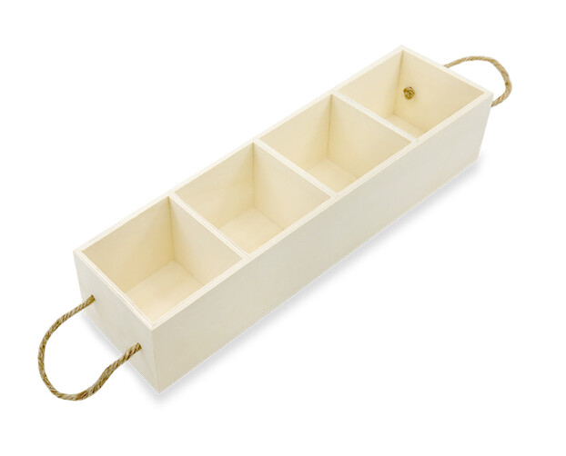 12.6"x3.3"x2.3" Wood Tray w/4 Compartments/Rope Handles