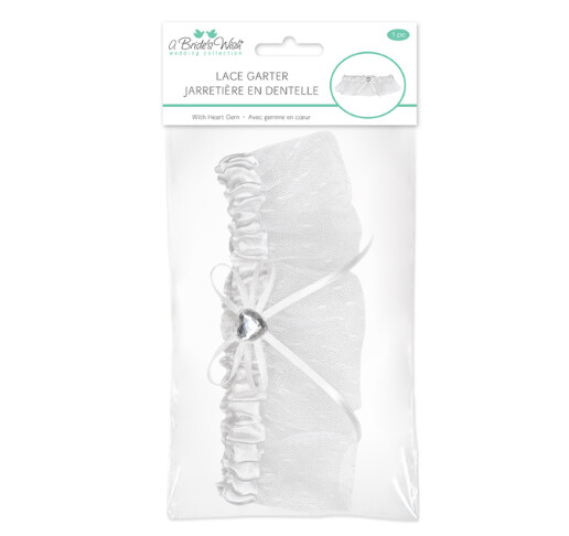 1pc Lace Garter w/Bow &amp; Heart Gem White