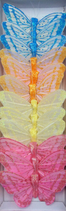 12pc 3&quot; Glitter Butterflies on 4&quot; Wire Multi Pastel