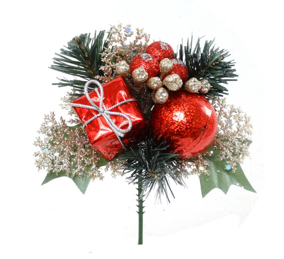 7&quot; Holly Pine Pick w/Ball Platinum/Red