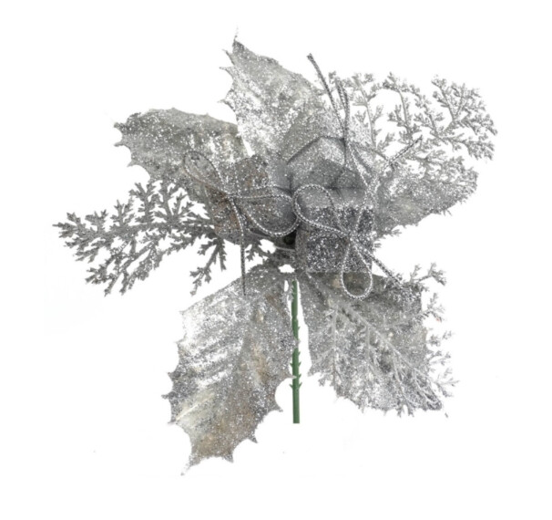 7&quot; Glitter Holly Pick w/Box &amp; Berries Silver