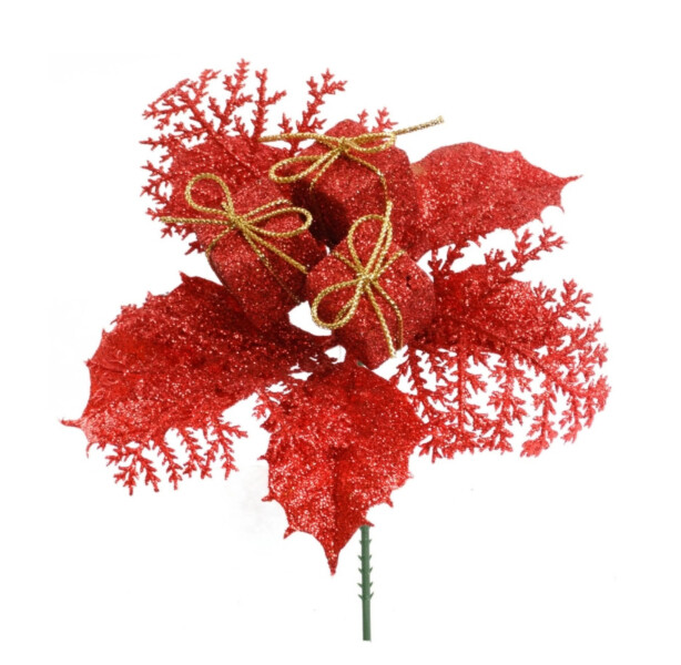 7&quot; Glitter Holly Pick w/Box &amp; Berries Red